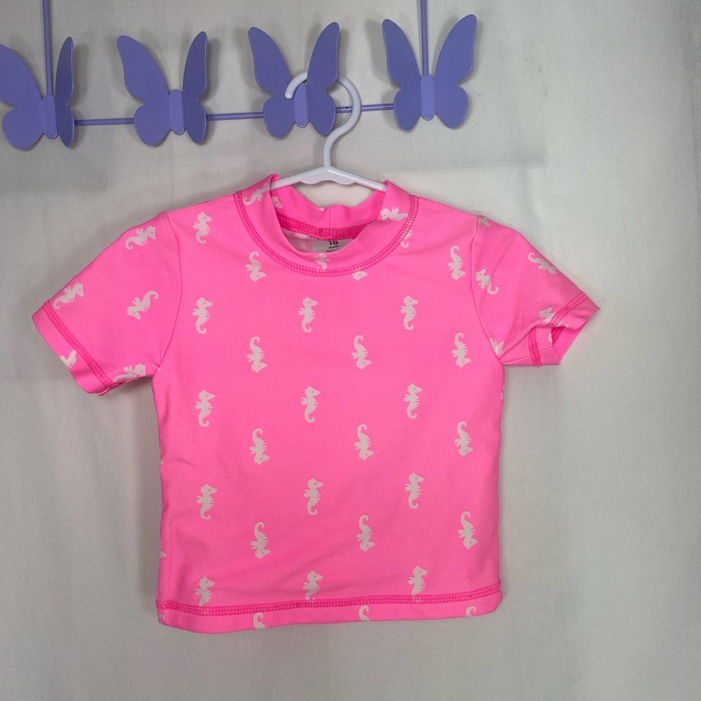 Carter’s baby girl’s neon pink seahorse print swimsuit beach pool top shirt 18mo